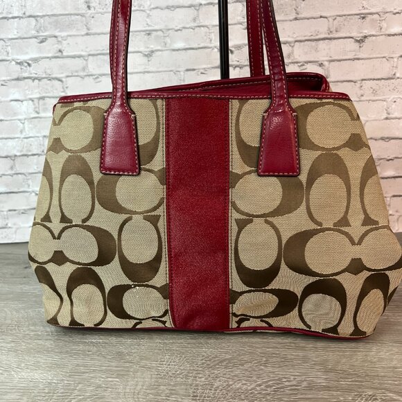 Coach Framed Kiss lock Carryall Tan And Red Stripe F17424 Signature Purse - Picture 2 of 6